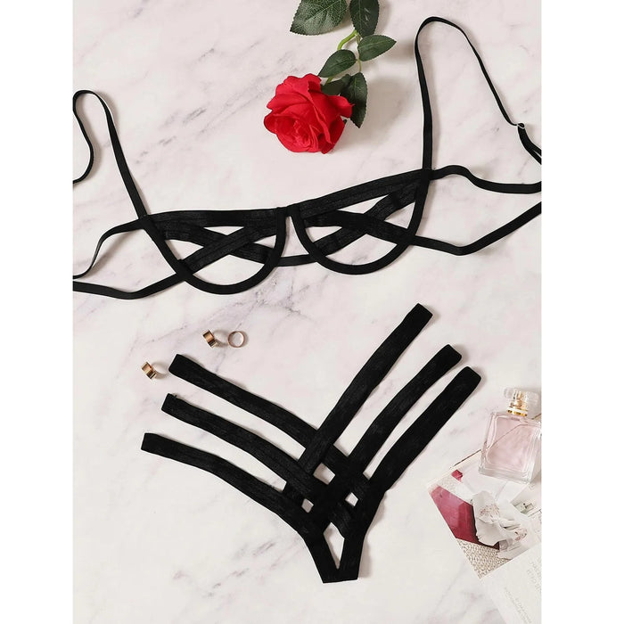 Ensemble de lingerie sexy en maille ajourée pour femme, soutien-gorge sans couture de couleur unie, culotte douce et confortable, ensemble de sous-vêtements élastiques.