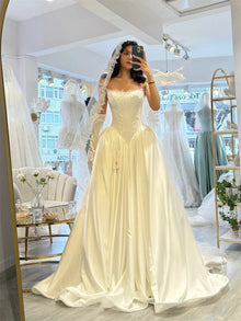 Kyoto Customized White Sleeveless Wedding Dress Strapless Satin Court Train vestidos de noche Elegant A-Line robe de mariée 2026