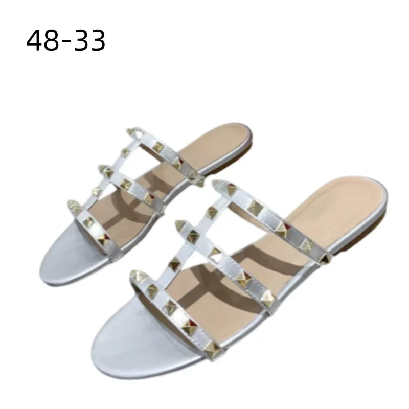 Women Soft Leather Stud Flat Shoes Open Toe Summer Black White Brown Slippers Seam Retro Leisure Slides EU34-43 Big Gold Rivets