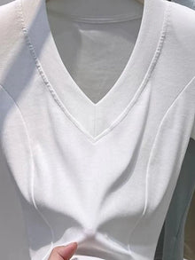 Slim Fit Pure Cotton Short Sleeve V Neck Top Korean Style