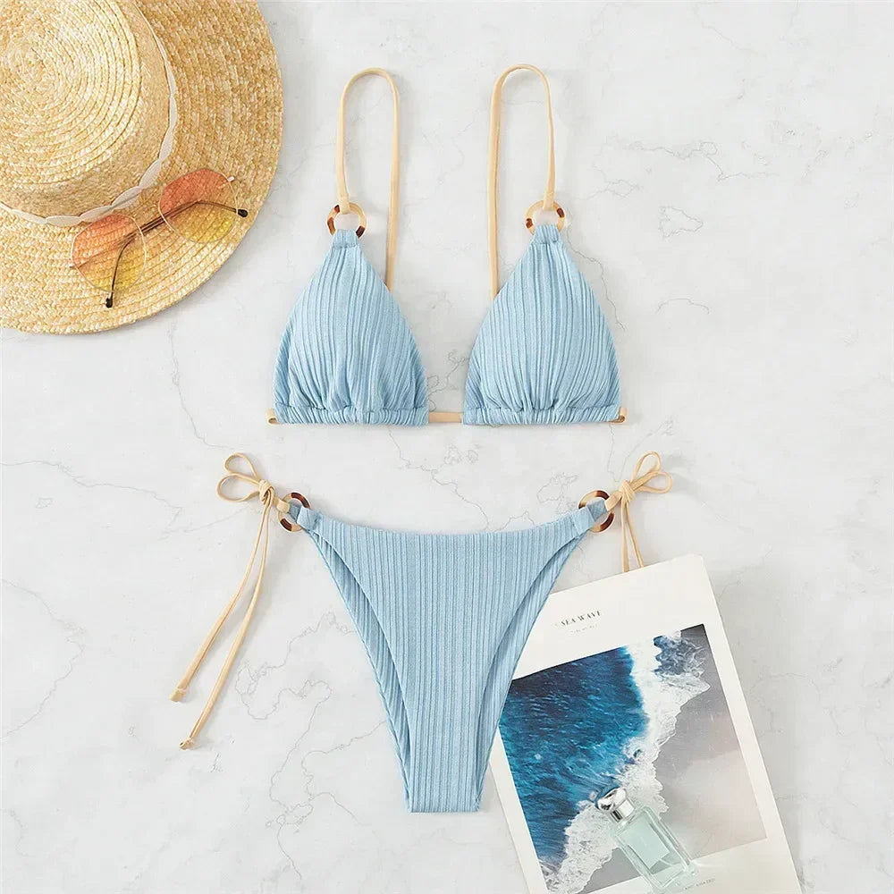 Light Blue Ribbed Swimwear String Bikinis Sets Woman 2026 Sexy Swimsuit Ring Bathing Suit Brazilian Micro Bikini Thong Donna