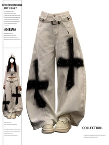 Subculture High Street Y2k Jeans Vintage Loose Pockets Pants Mid Waist Button Full Length Graffiti Chic Denim Pants New Harajuku