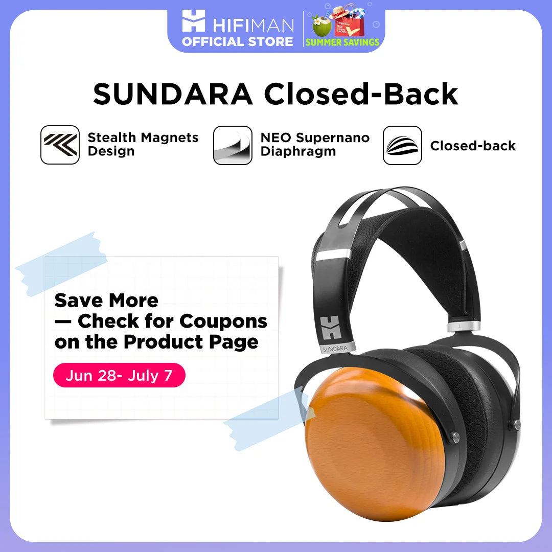 HIFIMAN SUNDARA Closed-Back Over-Ear Planar Magnetic Wired Hi-Fi Headphones with Stealth Magnet Design, Wood Ear Cups