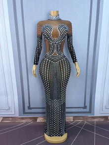 Sparkly black Big Rhinestone Transparent Long Dress Evening Birthday Celebrate Luxurious Costume Dancer Flashing Dress