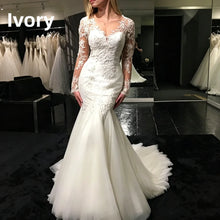 Long Sleeve Mermaid Wedding Dresses Sheer V Neck Lace Appliques Illusion Back Bridal Gown Sweep Train Tulle Vestido De Novia
