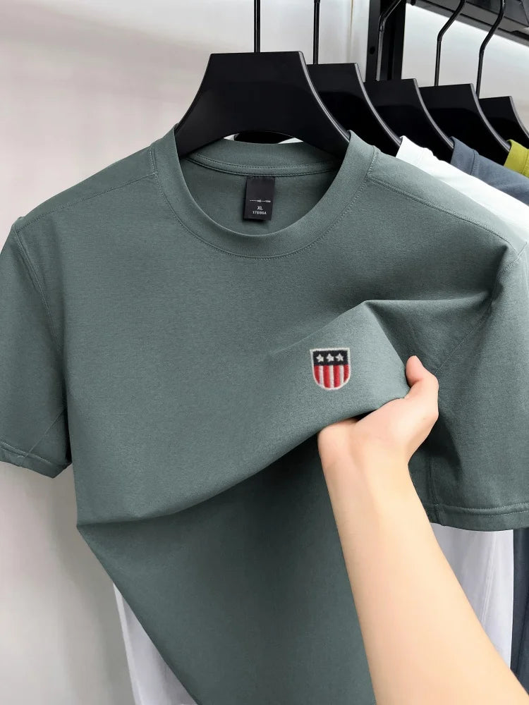 High end ice silk short sleeve T-shirt men's fashion luxury brand exquisite embroidery design, summer breathable round neck top