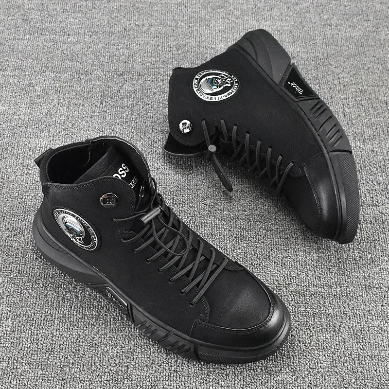 Trendy Breathable Low-Top Fleece-Lined Warm Men's Shoes Autumn/Winter Cow Leather Casual New Thick-Soled Versatile Korean Style