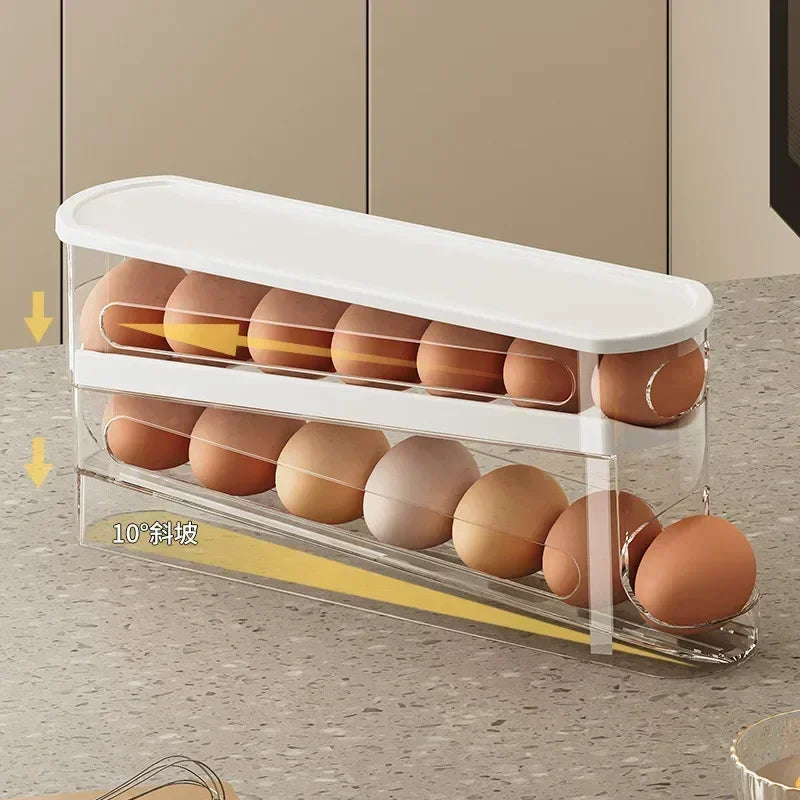 4 Layer Bilayer Fridge Egg Storage Box Ladder Style Automatic Rolling Egg Holder Rack Refrigerator Dispenser Egg Organizer