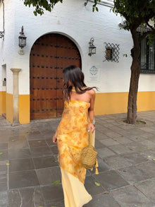 Vintage Floral Print Strapless Patchwork Dress Women Elegant Sleeveless Backless Ribbon Split Dresses Summer Female Party Robes