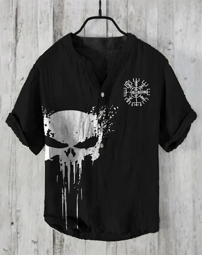 Summer New Men's Short Sleeve Shirt Pattern Art Print Men's 100% Linen Button Shirt Short Sleeve Comfort Shirt