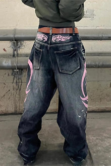 Men's Mottled Totem Print Jeans American Style Old Washed Wide Leg Retro Loose Fashion Trend Wide Leg Jeans Goth Pant Y2K Unisex