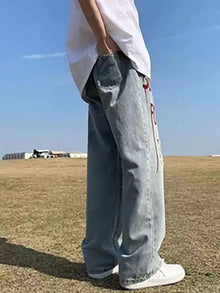 Y2k Streetwear Printed Ripped Hole Jeans Men Wide Leg Denim Baggy Pants Vintage Casual Jeans Straight Trousers