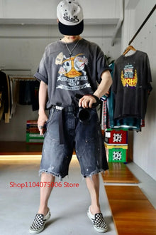 Mens Saint Distressed Denim Shorts Splashed Ink Wash Multi Pocket Loose Casual Streetwear Shorts