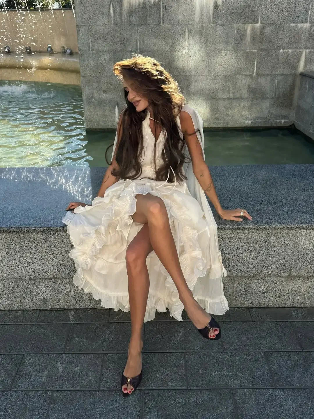 Women Solid Cloak Long Dresses Fashion Stand Neck Lace Sleeveless Ruffle Irregular Hem Dress 2025 New Summer Street Lady Gown