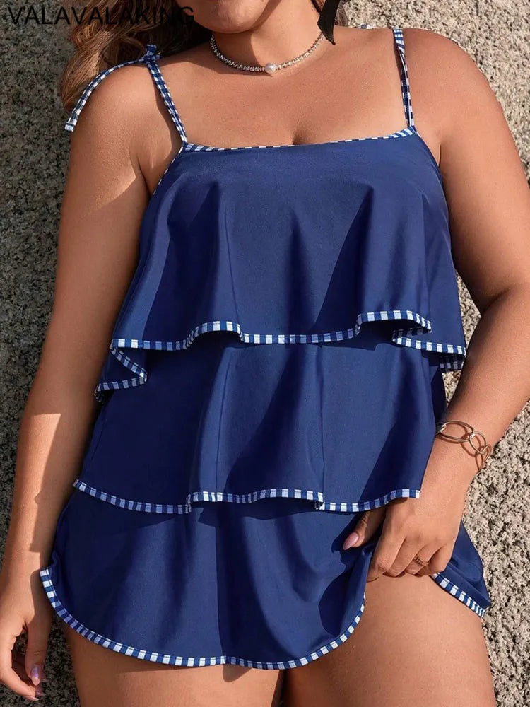 2026 Strapped 2 Piece Plus Size Tankini Set Women Solid Ruffle Large Big Swimsuit Beach Lady Swimwear Chubby Curvy Bathing Suit