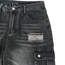 LIYS Men Retro Black Wash Multi Pocket Cargo Jeans Ripped Baggy Wide Leg Y2K Streetwear Denim Pants Tactical Loose Trousers