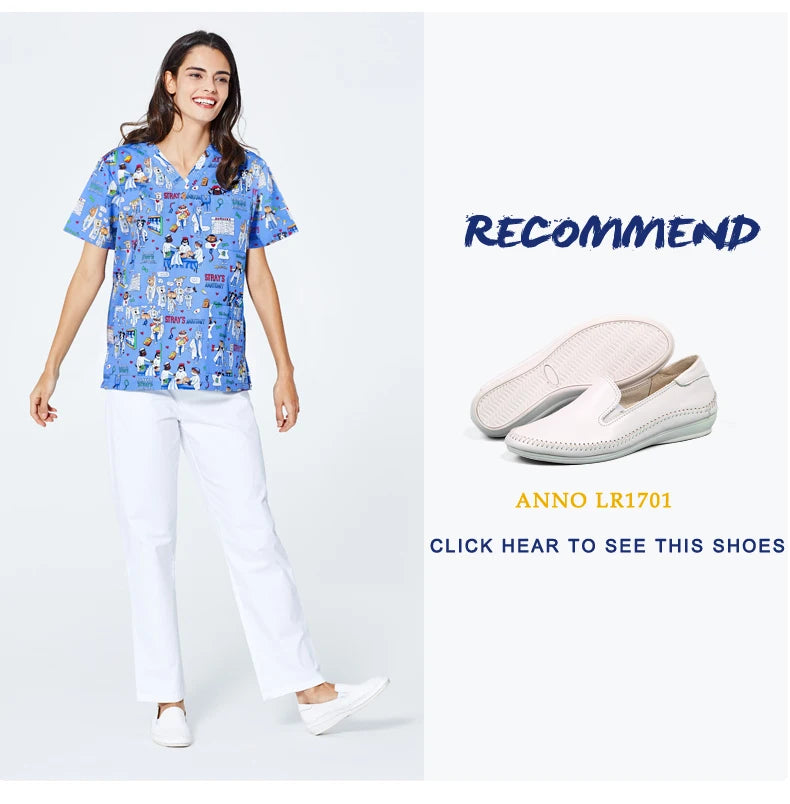 ANNO Hospital Staff Scrubs Top Medical Sanitary Nursing Uniform Dental Clinic Print Beauty Caregiver Coveralls