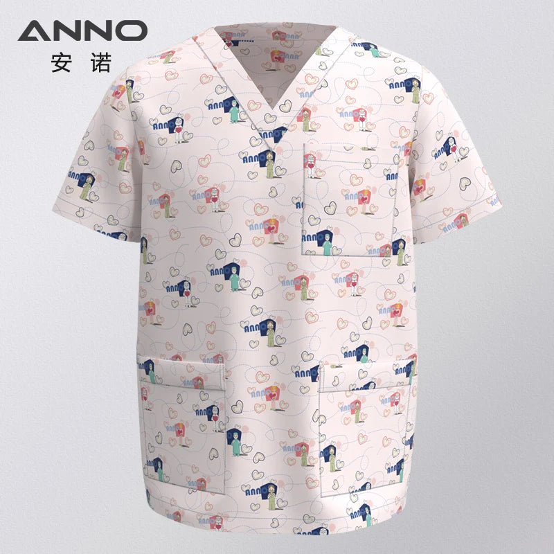 ANNO Hospital Staff Scrubs Top Medical Sanitary Nursing Uniform Dental Clinic Print Beauty Caregiver Coveralls