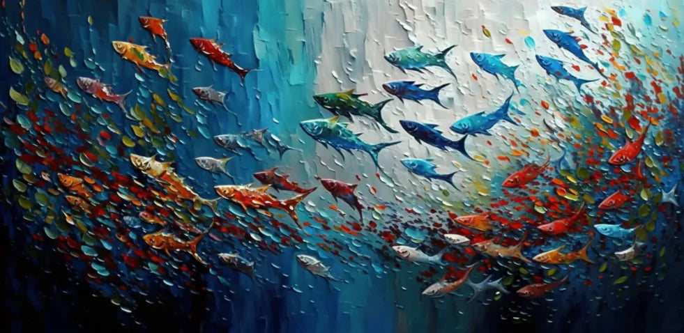 Abstract Blue Sea Fish Canvas Painting Nordic Art Graffiti Large Size Posters Print Modern Living Room Home Decoration Picture