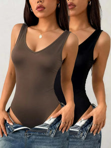 Women Sleeveless V Neck Bodysuit 2 Pack Form Fitting Solid Color Tank Bodysuit