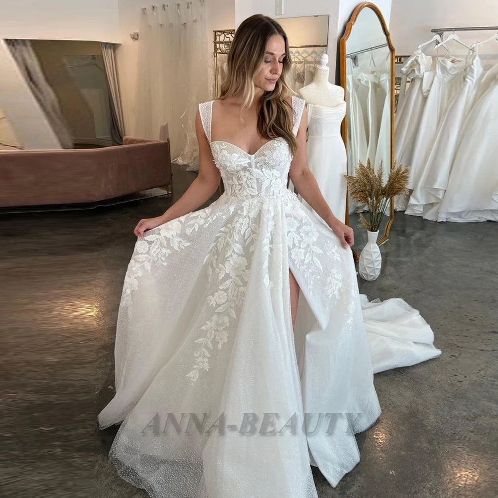 Anna Charming Wedding Dress Bridal Bling Tulle Sweetheart A Line High Side Slit Pleats Lacing up Sweep Train Vestidos De Novia
