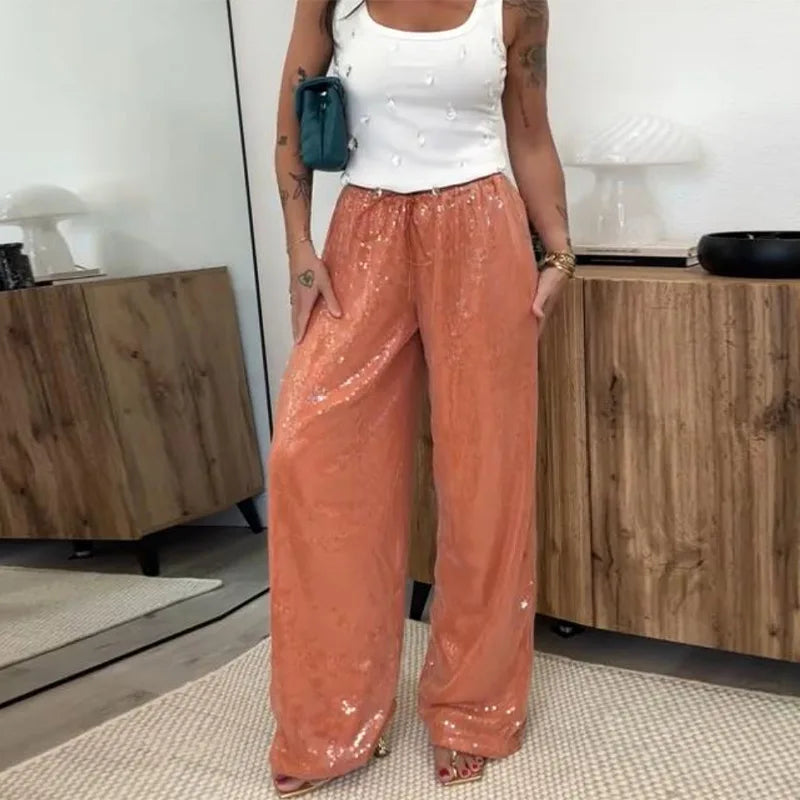 Women Solid Sequined Straight Pants Loose High Waist Wide Leg Trousers Lady Summer Chic Y2K High Street Pants
