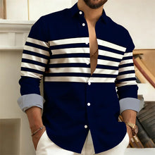 Men's striped long-sleeved shirt, outdoor street style casual shirt for men, fashionable lapel men's top, comfortable fabric.