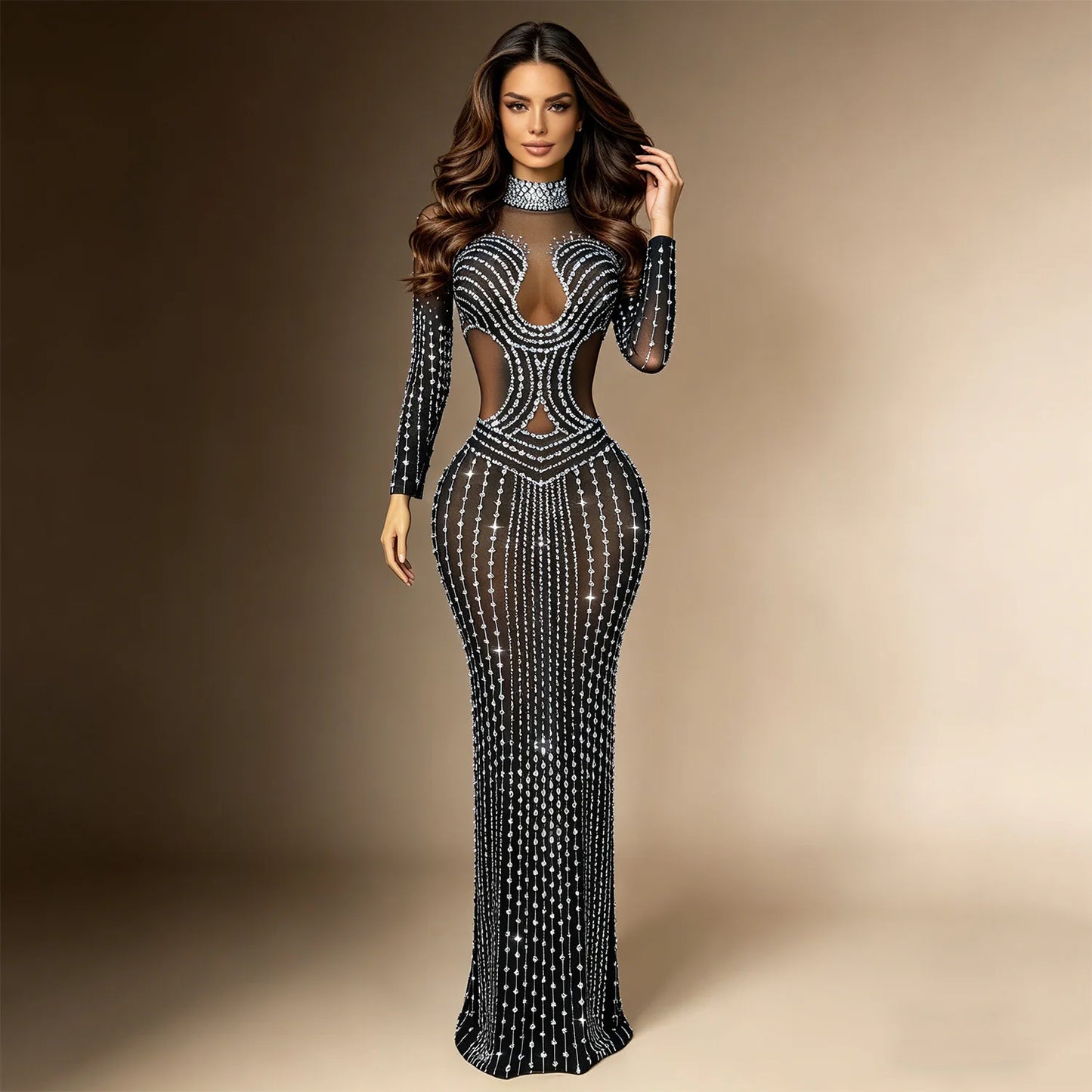Sparkly black Big Rhinestone Transparent Long Dress Evening Birthday Celebrate Luxurious Costume Dancer Flashing Dress