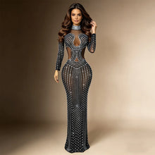 Sparkly black Big Rhinestone Transparent Long Dress Evening Birthday Celebrate Luxurious Costume Dancer Flashing Dress