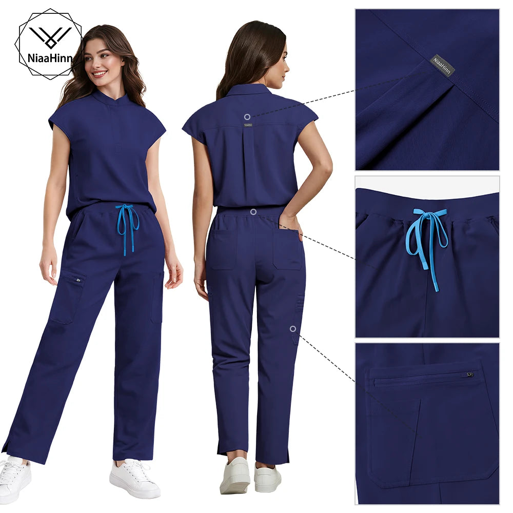 Niaahinn Scrub Women High Quality Short Sleeve Top Wide Leg Pants Hospital Uniforms Stretch Scrubs Medical Nursing Uniform Sets