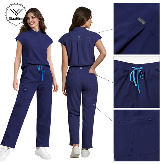 Niaahinn Scrub Women High Quality Short Sleeve Top Wide Leg Pants Hospital Uniforms Stretch Scrubs Medical Nursing Uniform Sets