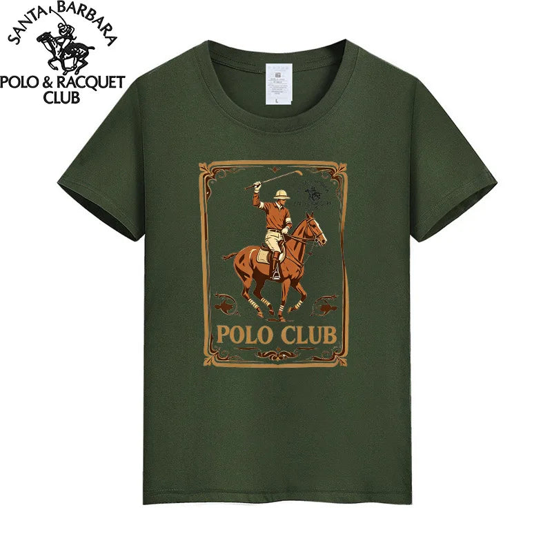 Santa Barbara Polo & Racquet Club Men's T-shirt Vintage Polo Player Print 100% Cotton Casual O-Neck Tee