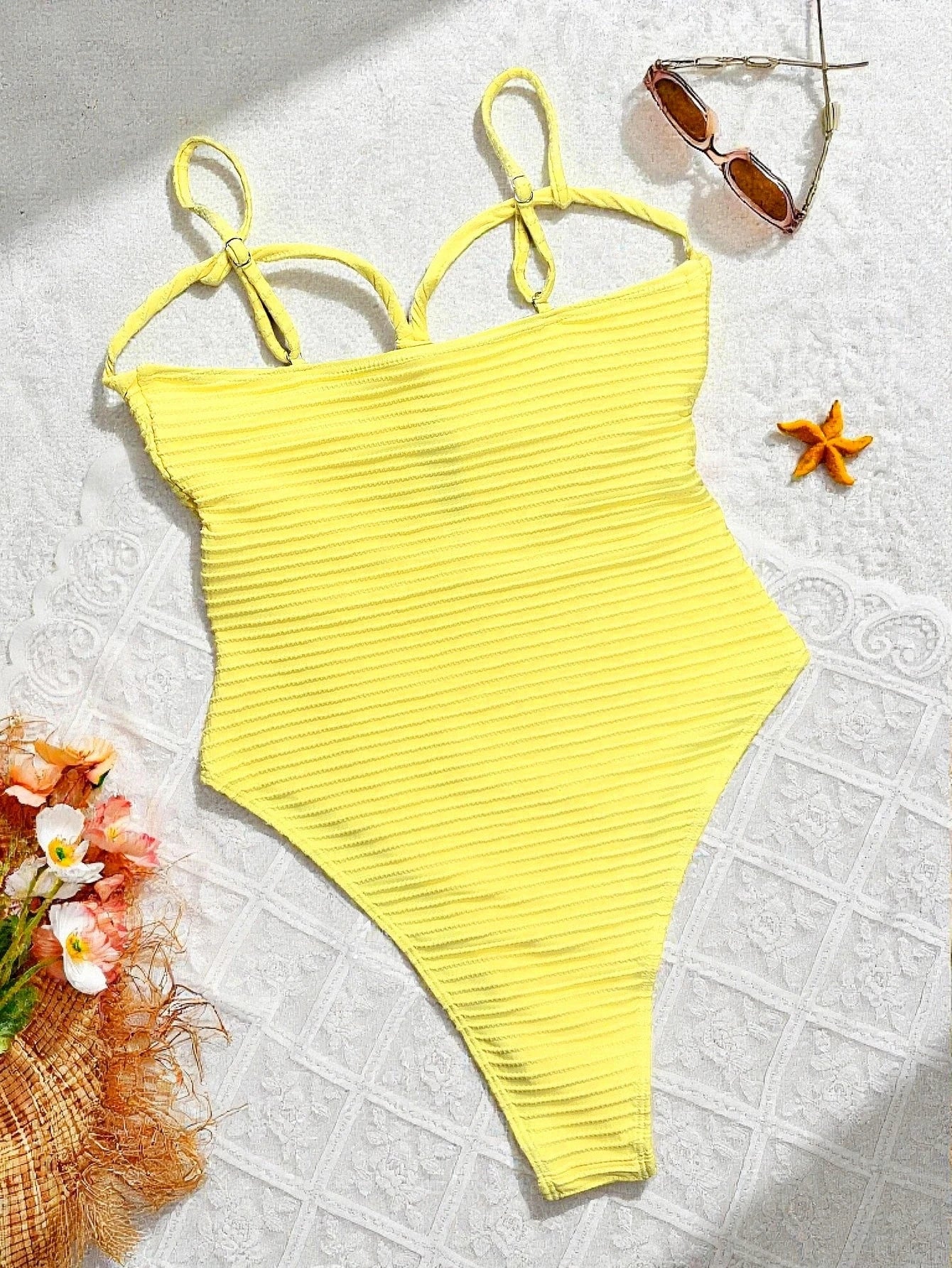 Yellow Hollow Out One Piece Swimsuit Backless Monokini