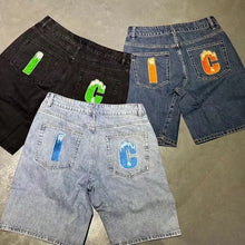 Y2k Summer Harajuku Hip-Hop Gothic Colored Flying Dog Printed Denim Shorts High Street Loose Casual Straight Cropped Jeans