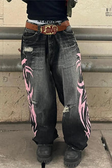 Men's Mottled Totem Print Jeans American Style Old Washed Wide Leg Retro Loose Fashion Trend Wide Leg Jeans Goth Pant Y2K Unisex