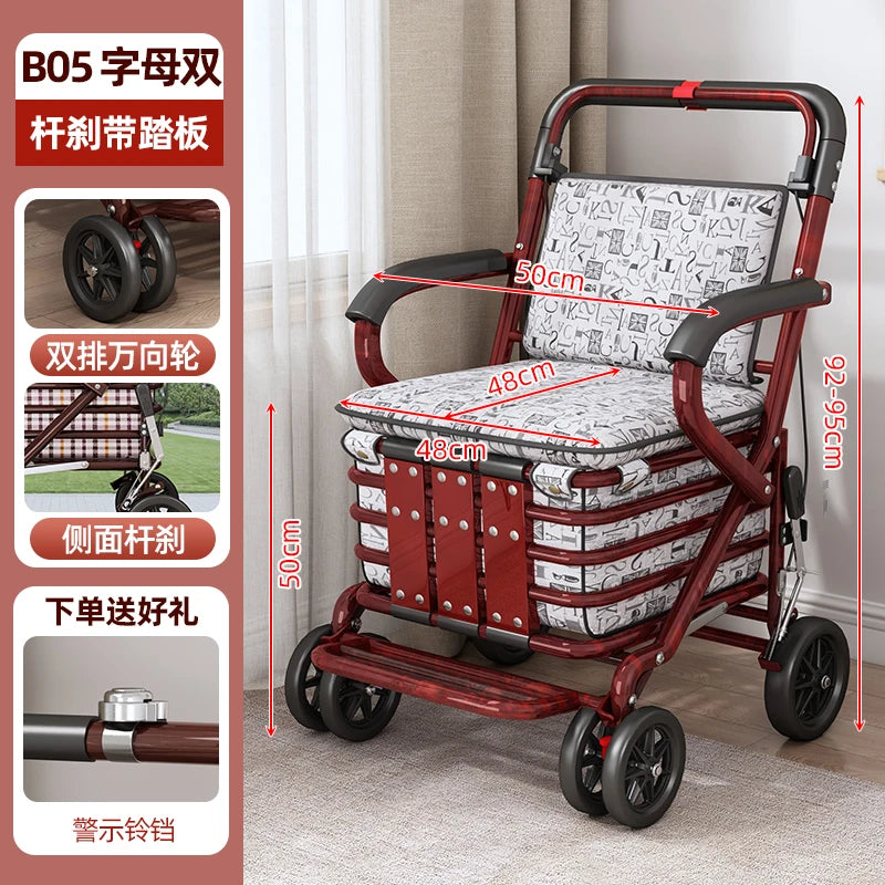 Foldable Shopping Cart with Seat 4 Wheel Walker Push Cart Large Capacity Grocery Trolley for Elderly Outdoor Mobility