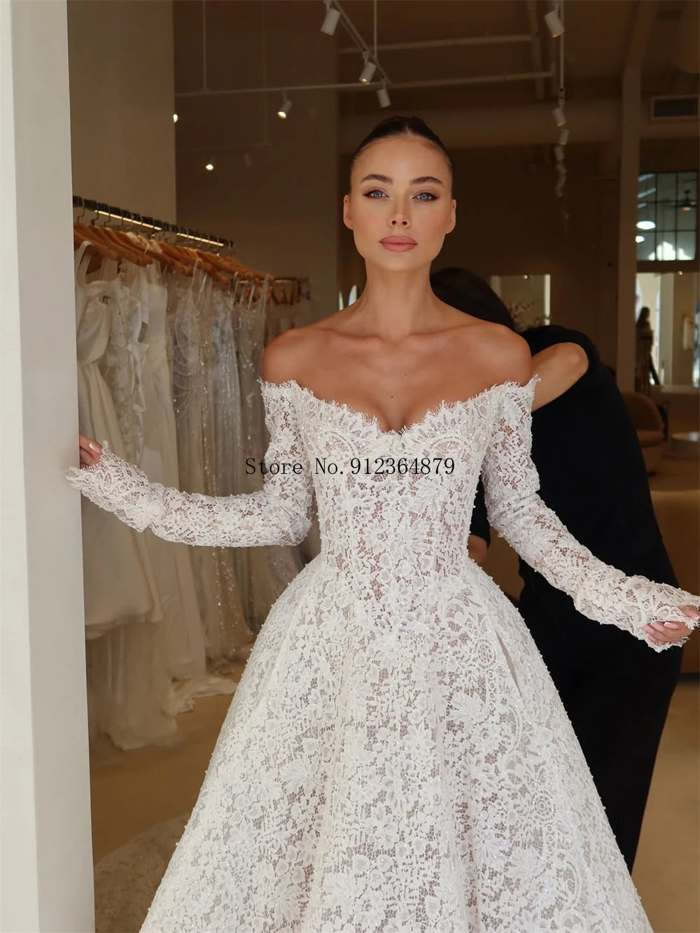 Customized Elegant Lace Off-Shoulder Bridal Dress Long Sleeve Ball Gown Wedding Dress Glamorous Bridal Gown for Formal Weddings