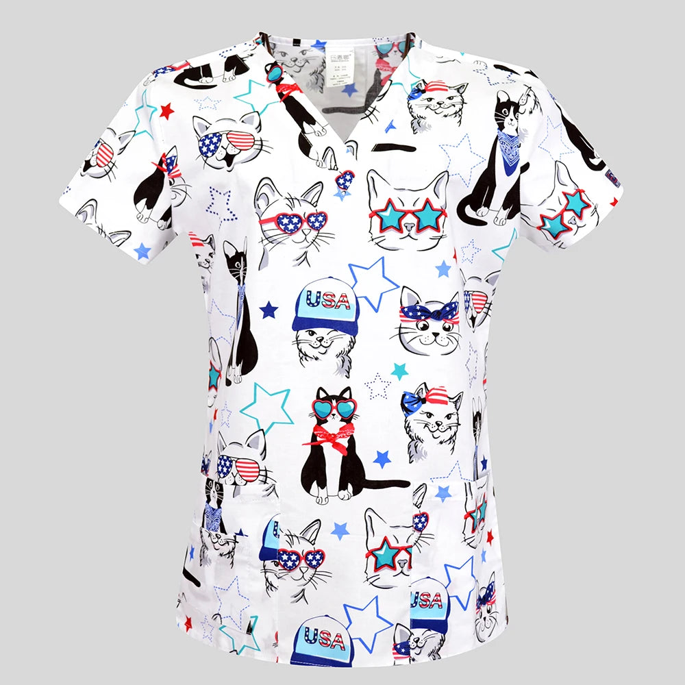 Hennar Print Vet Scrub Uniform For Women In 100% Cotton 4 pockets,XXS-5XL Pet Doctors Medical Scrub Tops