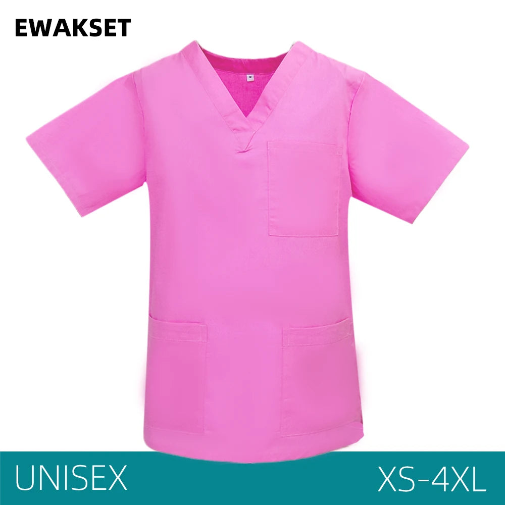 Unisex Solid Surgical Top 100% Cotton Shirt medical Uniforms Short Sleeve V-neck 3 Pocket Scrub Tops for Women Men