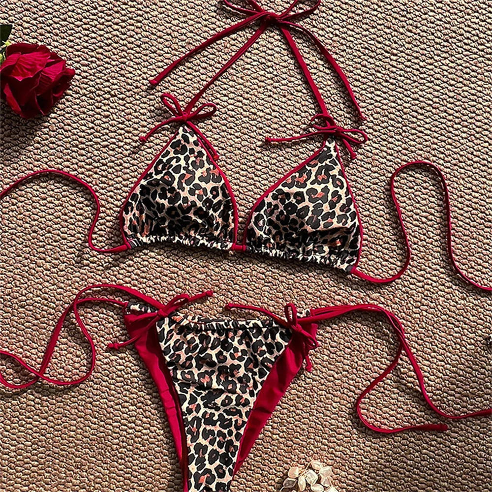 Red Leopard Bikinis Sets Bowknot Triangle String Backless Swimsuit Push Up Halter Extrem Swimwear Thong Women Beach Bathing Suit