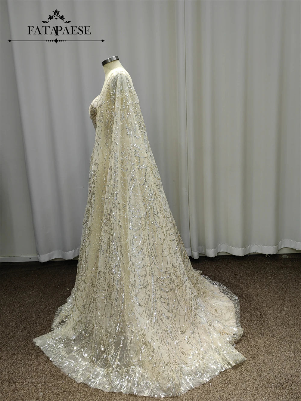 FATAPAESE Luxury Beads Sequins Cape Evening Dresses Champagne A Line Tulle Wedding Guest Dress for Arabic Dubai Saudi