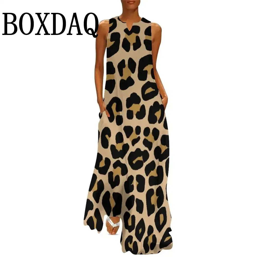 Summer Women Leopard Graphic Print Dress Fashion Elegant Casual V-Neck Sleeveless Tank Long Dresses Ladies Sexy Loose Maxi Dress
