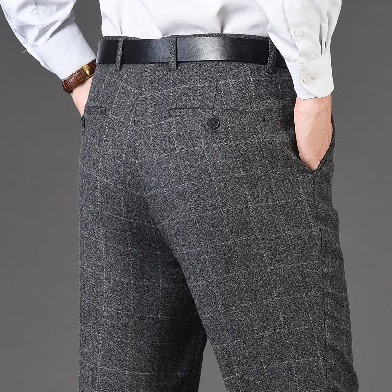 Flat Cashmere Suit Trouser For Male Loose Plaid Hight Waist Classic Straight Formal Mens Dress Pants Business Size 42 44