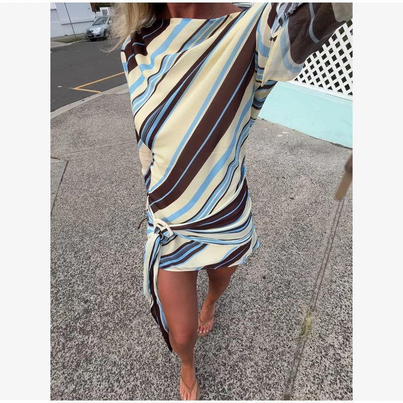 Women Rainbow Diagonal Stripe Maxi Dress One Shoulder Strap Slim Bodycon High Slit Knit Vestido Summer Beach Vacation Outfit