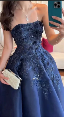 2026Navy Lace Strapless 3D Flowers A Line Prom Gown Strapless Floor Length Applique Elegant Sleeveless Evening Dres Party Dress