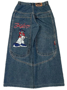 Retro Y2K American Street Style Loose Casual Wide Leg Denim Jeans Big Pocket Pattern Print Trendy mid Waist Cotton Blend