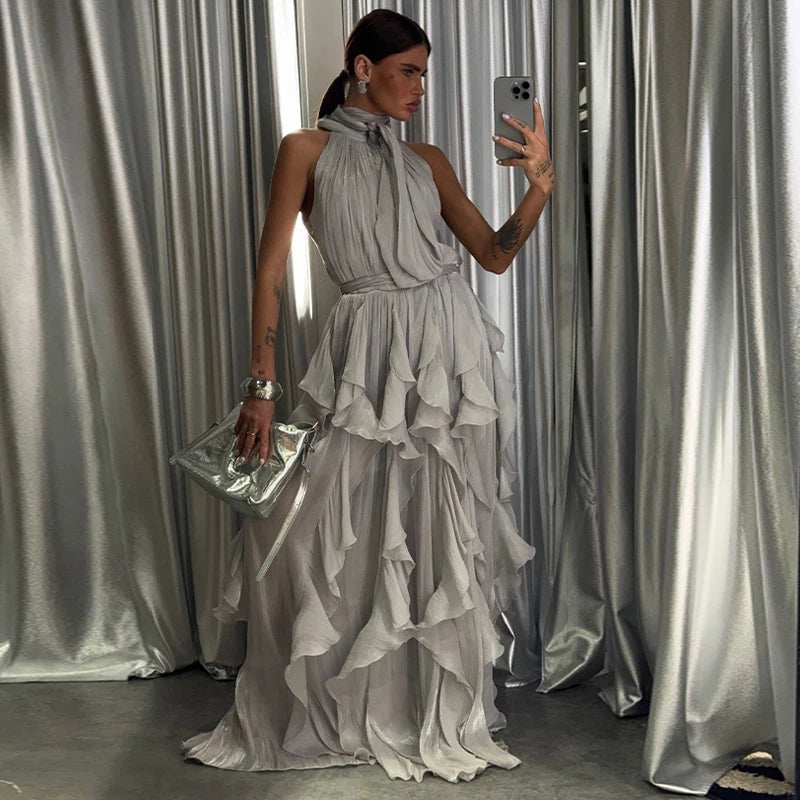 Sexy Cascading Ruffle Pleated Women Long Dress Fashion Lace Up Sleeveless Empire Female Dresses 2026 Spring Summer Lady Robe