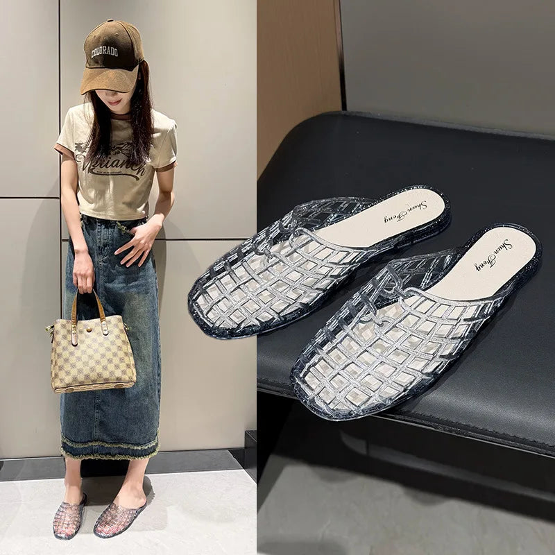 Women's slippers summer breathable women's cool sandals summer sparkling flat hollow out versatile hooded cool sandals for women