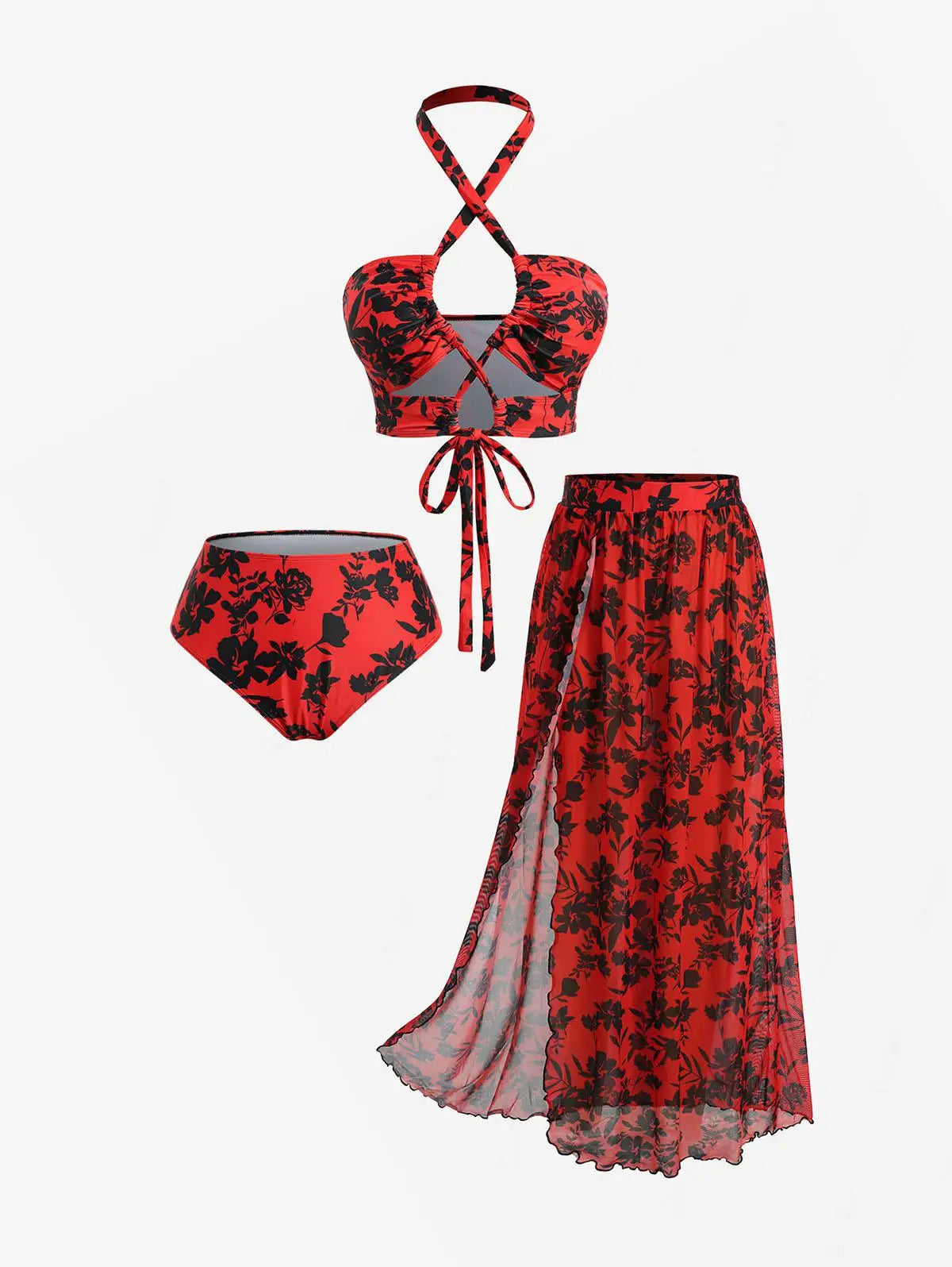 Red Black Floral Tankini Set Skirt Halter High Waist