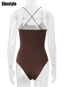 Brown Solid Spaghetti Strap Bodysuit Women Summer Sleeveless